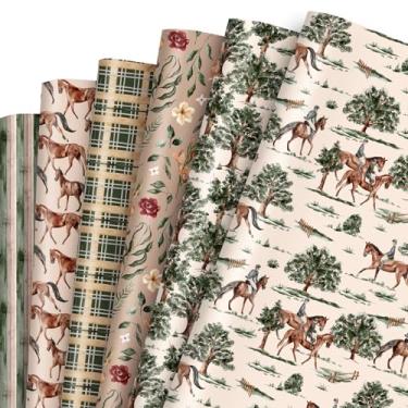 Imagem de Whaline 12 folhas de papel de embrulho de cavalo ocidental - não rolo - vintage cowboy pônei aquarela flor papel de embrulho 19,7 x 27,6 polegadas West Retro Dobrado Flat Gift Gift Party para festa de