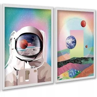 Imagem de Kit 2 Quadros Astronauta Colorido Planetas 24X18Cm - Vidro