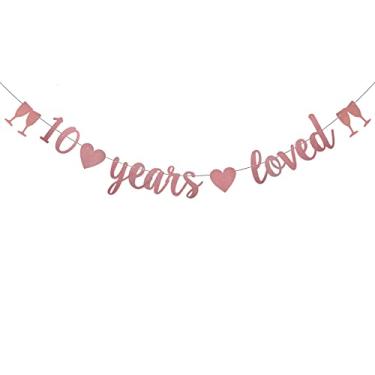 Imagem de WEIANDBO 10 Years Loved Rose Gold Glitter Banner, pré-amarrado, decorações de festa de aniversário de 10 anos/casamento, cenários de sinalização, 10 anos amados