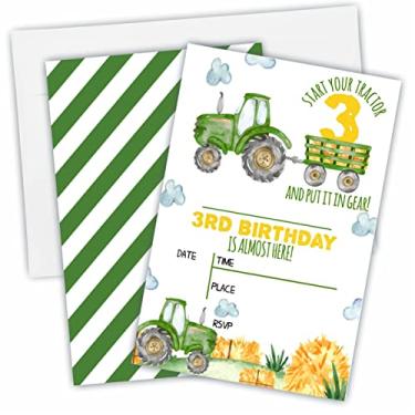 Imagem de Convite para festa de terceiro aniversário de trator verde, convites de festa temática de quintal de 3 anos para crianças, adolescentes, meninos e meninas, 20 convites de estilo de preenchimento dupla