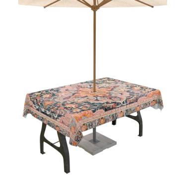 Imagem de Toalhas de mesa geométricas laranja para uso ao ar livre com orifício para guarda-chuva e zíper, toalha de mesa retangular à prova d'água/resistente a manchas, 152 x 203 cm, capa de mesa de pátio para