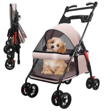 Imagem de OMDOCA Carrinho de bebê para cães médios de 9 kg, carrinhos dobráveis para cães pequenos, com cesta de armazenamento e suporte de copo. Corrimão pode girar, 4 rodas para gatos médios e pequenos (rosa)