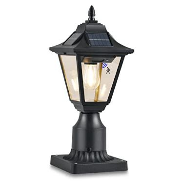 Imagem de TPSHPTS Poste de luz solar externa com sensor de movimento, 3000K branco quente IP65 à prova d'água - Lâmpada de montagem de cais alimentada por energia solar para decoração de paisagismo de jardim