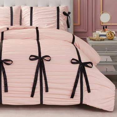 Imagem de Juicy Couture Conjunto de edredom Amelie rosa cristal com laços de veludo franzido, solteiro/solteiro GG – Conjunto de cama elegante de 2 peças