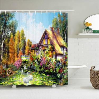 Imagem de Cortina de chuveiro de floresta decoração tecido cortinas de banheiro pintura a óleo paisagem tela de banho com 12 ganchos, JK4472, L90 x A180 cm