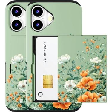 Imagem de MUQR Capa compatível com iPhone 16 com porta-cartão fofo - Design Kawaii, proteção contra quedas de grau militar, capa carteira robusta para mulheres (buquê de flores laranja verde)