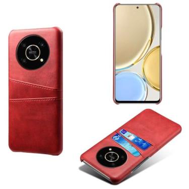 Imagem de Capas Compatível com Honor Magic 4 Lite,Caso de couro PU-Tampa de telefone a prova de choque com 2 slots de cartão,Proteção anti-impressão digital e anti-gota-Red