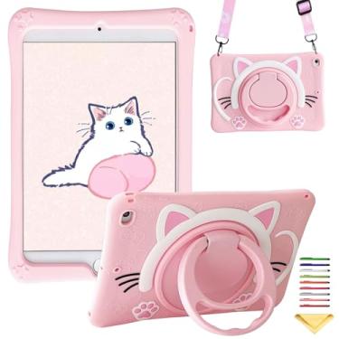 Imagem de Capa infantil para iPad 6ª/5ª geração e iPad Air 1 (2013) 9,7 polegadas com alça de ombro, alça giratória de 360° UUcovers à prova de choque para crianças para iPad de 9,7 polegadas 2018/2017, gato