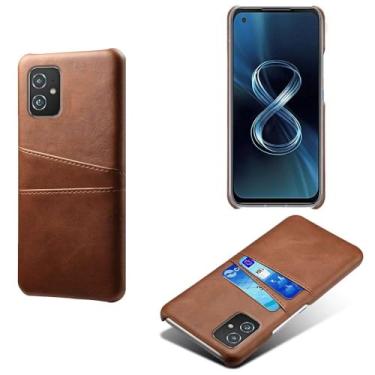 Imagem de Capas Compatível com ASUS Zenfone 8 ZS590Ks,Caso de couro PU-Tampa de telefone a prova de choque com 2 slots de cartão,Proteção anti-impressão digital e anti-gota-Brown