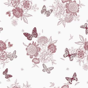 Imagem de Skyblur Papel de parede floral branco e vermelho descasque e cole papel de parede vintage floral removível Boho papel de parede autoadesivo para quarto sala de estar 43 cm x 38 cm