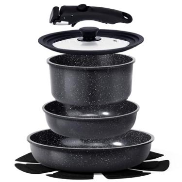 Imagem de GiPP Conjunto de panelas e frigideiras de cerâmica, antiaderente, com cabo removível, saudável, não tóxico, sem PFOA e PTFE, seguro para lava-louças e forno, panela e panela de indução, 8 peças cinza