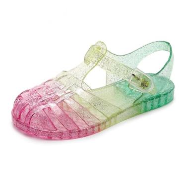 Imagem de ursloole Sandália infantil unissex macia para meninas, sola de borracha, bico fechado, praia, verão, Mary Jane, vestido de princesa, Verde/amarelo/rosa, 15