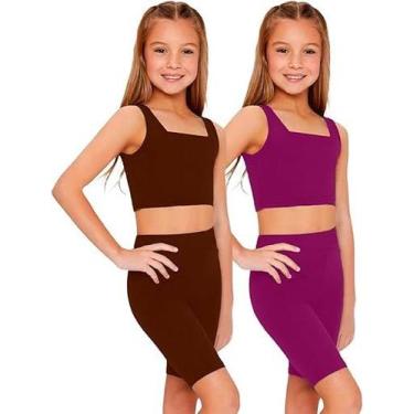 Imagem de Kit 2 Conjuntos Top + Short Fitness Infantil Roupa de Ginástica Ativid