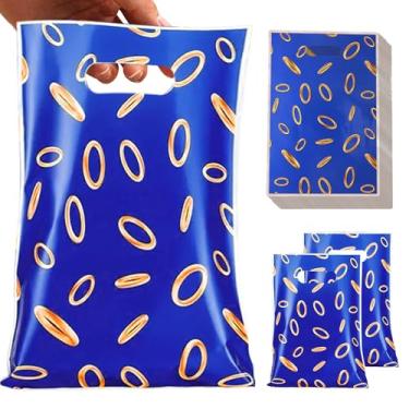Imagem de 50 peças de sacolas de brindes com estampa de anel azul e dourado, sacolas de lembrancinhas de festa de videogame, temática de ouriço azul para aniversário, chá de bebê, bolsa de presente de plástico