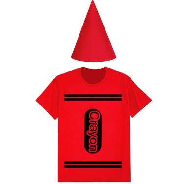 Imagem de Coume Conjunto de fantasia de giz de cera de Halloween, camiseta de feltro, chapéu de feltro, dia das bruxas, divertido, grupo de fantasia para mulheres e homens, cosplay (3GG, vermelho)