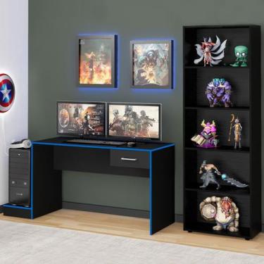 Imagem de Quarto Gamer 2 Peças com 1 Mesa Gamer, 1 Estante Preto/Azul - Artely M