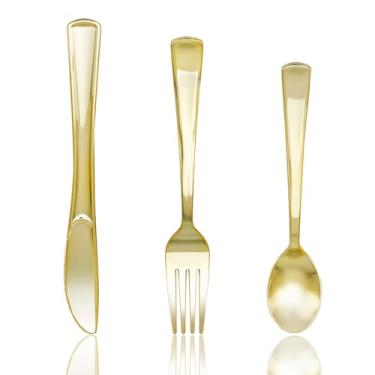 Imagem de Slomg Pacote com 200 talheres de plástico dourado, conjunto de talheres resistentes descartáveis com 100 garfos, 50 colheres, 50 facas, utensílios de jantar pesados reutilizáveis para uso diário