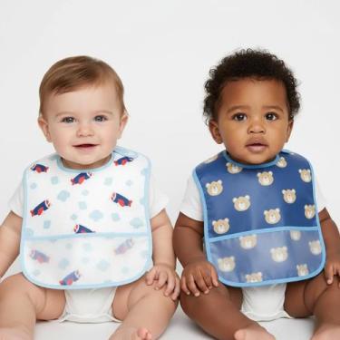 Imagem de Kit 2 Babador Bebê Impermeavel Com Bolso Pega Migalhas Estampado Menin