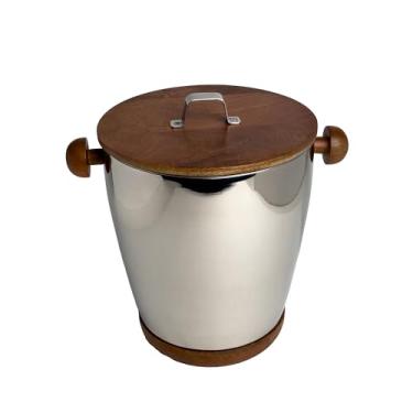 Imagem de IHI est. 1986 Balde de gelo para bebidas para coquetéis de vinho ou cerveja, 20 x 23 cm, prata polida de alumínio com detalhes e alças de madeira