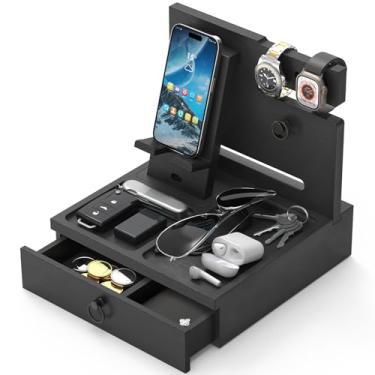 Imagem de Zaldia Estação de ancoragem de telefone de madeira, organizador de mesa de cabeceira com gaveta, organizador de mesa de cabeceira para relógio e acessórios, presentes de aniversário de aniversário de