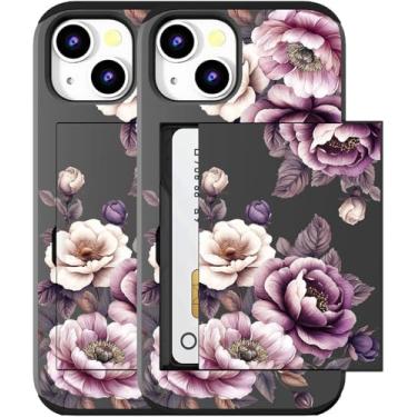 Imagem de MUQR Capa compatível com iPhone 15 com porta-cartão fofo - Design Kawaii, proteção contra quedas de grau militar, capa carteira robusta para mulheres (flores rosas pretas e rosas)
