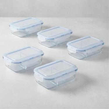 Imagem de Kit 5 Pote Retangular Hermético Divisória Vidro Marmita Microondas Fit