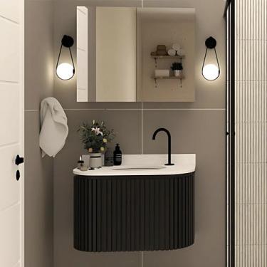 Imagem de Gabinete Banheiro Ripado Mdf com Curvo Cuba Ardósia Espelho - Rainha d