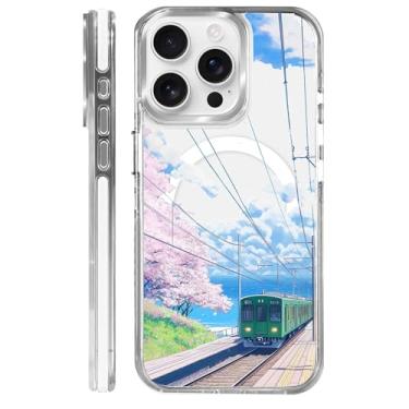 Imagem de MQJCYB Capa magnética para iPhone 15 Pro com design em base transparente, compatível com MagSafe, capa protetora fina de TPU macio para celular feminina e meninas para iPhone 15 Pro-Kawaii anime trem
