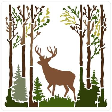 Imagem de GORGECRAFT Estêncil de veado de 29 x 29 cm, grande, quadrado, floresta, árvore, animal, natureza, plástico, reutilizável, modelos de desenho decorativo para artesanato, pintura em tela, móveis, tecido