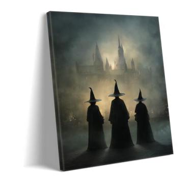 Imagem de Pintura artística em tela Wizards & Magic Castle - Impressão de pôster gótico de três bruxas, decoração de parede assustadora Halloween Dark Academia para sala de estar, quarto, escritório (arte 3 cm