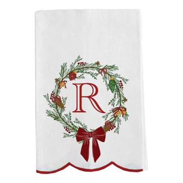 Imagem de Mary Square Guirlanda de Natal Monograma R Toalha de Chá Vermelha e Branca 35 x 16,5 Toalha de Mão de Cozinha de Algodão | Decoração de Casa Festiva e Presente
