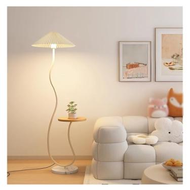 Imagem de Luminária de chão Luminária de chão moderna meados do século com arco dourado e prateleira abajur tecido plissado base mármore(Branco)