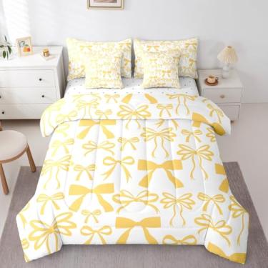 Imagem de Conjunto de cama Queen com laço amarelo manteiga, 7 peças, gravata borboleta nó de princesa, lindo, moderno, brilhante (edredom + lençol + 2 fronhas + 2 fronhas + 2 capas de travesseiro)