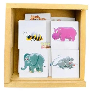 Imagem de Jogo da Memória Animais em MDF, 40 Peças, Estojo em Madeira, Cartões Coloridos com Ilustrações de Animais, 14x14x6 cm