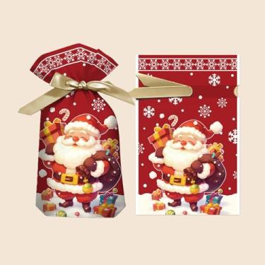 Imagem de 50 peças de sacos de presente de fita de Natal com cordão, padrões sortidos de Papai Noel, sacos de embalagem de biscoitos doces para presente de Natal e lembrancinhas de festa