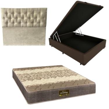 Imagem de Cama Box Baú Blindada com Colchão de Espuma Orthopedic + Cabeceira Botonê - Casal 138x188 (CORINO MARROM)