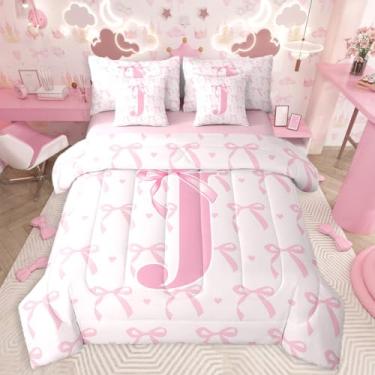Imagem de jejeloiu Conjunto de edredom infantil fofo de laço rosa com lençol casal com letra J, 7 peças, lençol com nó de laço fofo em uma bolsa, letra J com monograma para todas as estações
