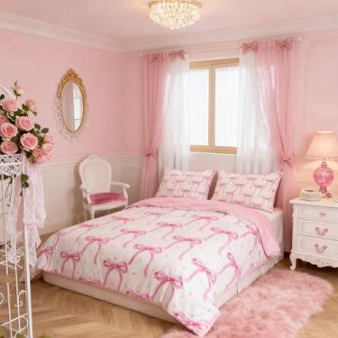 Imagem de Conjunto de capa de edredom com laço de desenho animado para meninas, tamanho queen, gravata borboleta, princesa, 3 peças para decoração de quarto infantil, feminino, nó de borboleta, capa de edredom