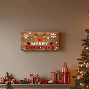 Imagem de 1 placa de metal de rena de Natal - decoração de parede suspensa de 15 x 30 cm com texto FELIZ NATAL, ornamento festivo de férias para casa e presente, laranja