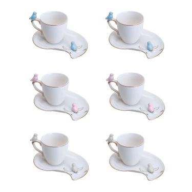 Imagem de Cj 6 Xícaras P/Café C/Pires Curvado de Porcelana Birds Design Plate Colorido 90ml Wolff