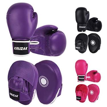 Imagem de Kruzak Conjunto de luvas de boxe e luvas de foco simples para Kickboxing e Muay Thai MMA Training – Kit de fitness com almofadas de perfuração para artes marciais e karatê (roxo, 473 g)