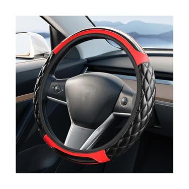Imagem de FALVFUN Capa de volante de carro, protetor de volante antiderrapante de couro de fibra de carbono elástico de 38 cm, acessórios de proteção interna automotiva, universal para veículos (vermelho)