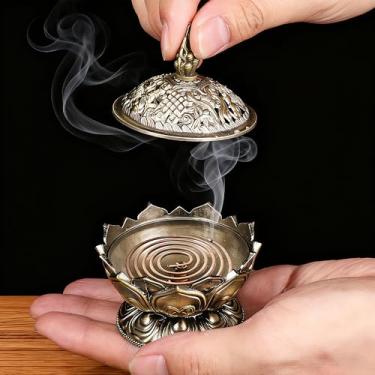 Imagem de Suporte de cone de incenso vintage de lótus para forno de incenso antigo, decoração de casa, ornamento de aromaterapia, ioga, bronze