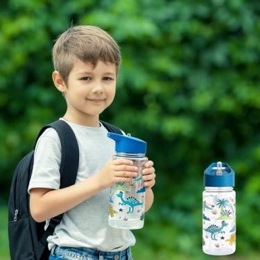 Imagem de Garrafa de água de 500 ml com tampa e design de palha, copo de plástico reutilizável | Estampa de floresta de dinossauros de desenho animado, adequada para chá de leite, café e suco, fácil de