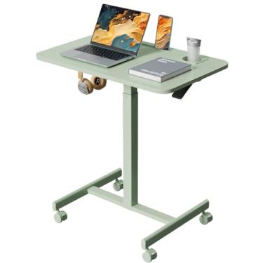 Imagem de Liftsync Mesa de pé móvel, carrinho de laptop com rodinhas de 71 cm, altura ajustável com suporte de copo, mesa portátil com 4 rodas traváveis, estação de trabalho verde para computador com gancho e