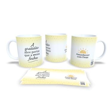Imagem de Caneca de Cerâmica com Frases Motivacionais, Amanhecer com Deus, Amarelo e Branco, Design Pontilhado (20822)