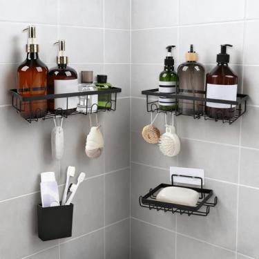 Imagem de SINRUIJI Pacote com 4 suportes de chuveiro de banheiro, sistema organizador de armazenamento de aço inoxidável preto, sem prateleiras de perfuração para armazenamento de banheiro (preto)