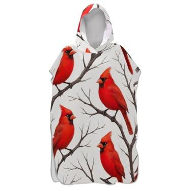 Imagem de TSENQUE Poncho de surfe reutilizável para adultos trocador de roupas de banho de praia com capuz pássaros vermelhos brilhantes branco unissex poncho adulto com capuz