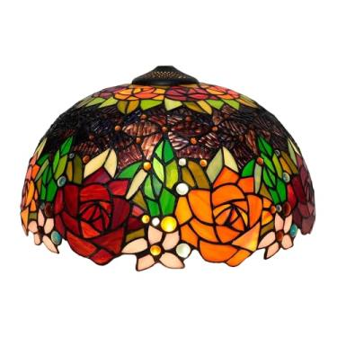 Imagem de Abajur de reposição estilo Tiffany de 16 polegadas com tampa, com estampa de rosas em vitral vermelho-alaranjado mediterrâneo. Ideal para luminárias de mesa, de leitura, de chão e de chão.