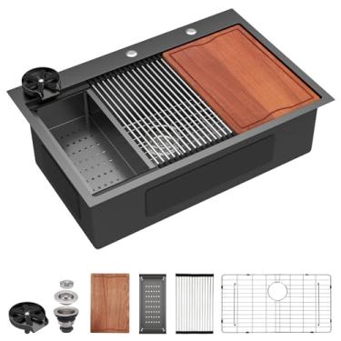 Imagem de Dcolora Pia de cozinha preta de 91 cm com arruela de copo, instalação de tigela única grande, aço inoxidável 304 de calibre 16, estação de trabalho com acessórios valiosos, 91 cm x 56 cm x 25 cm